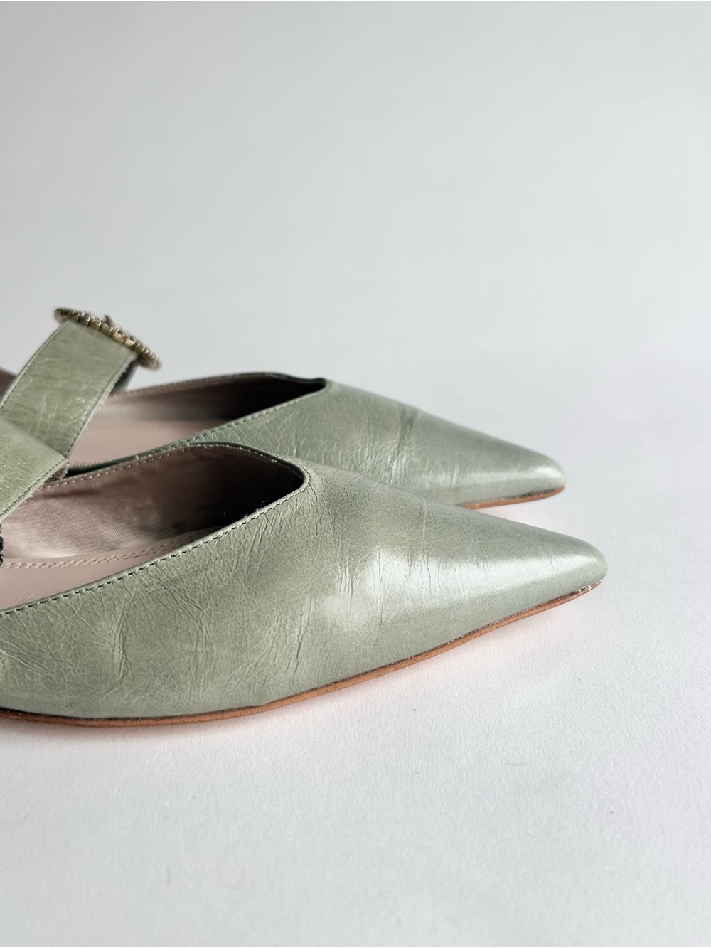 Zara Basic Green Leather Mary Jane Point Toe Glitter Buckle Flats size 7.5 - Picture 16 of 16